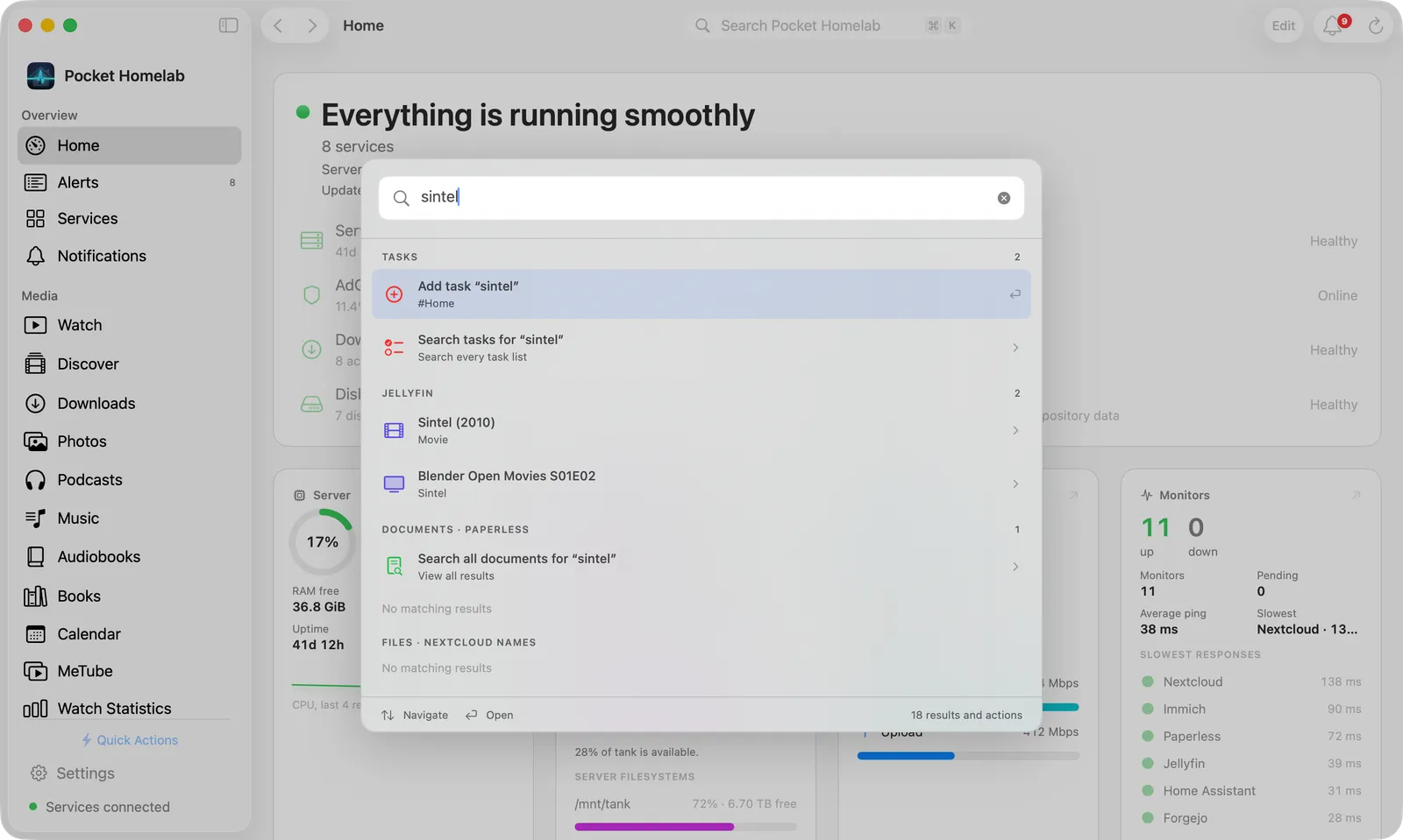 The ⌘K Spotlight overlay with grouped results