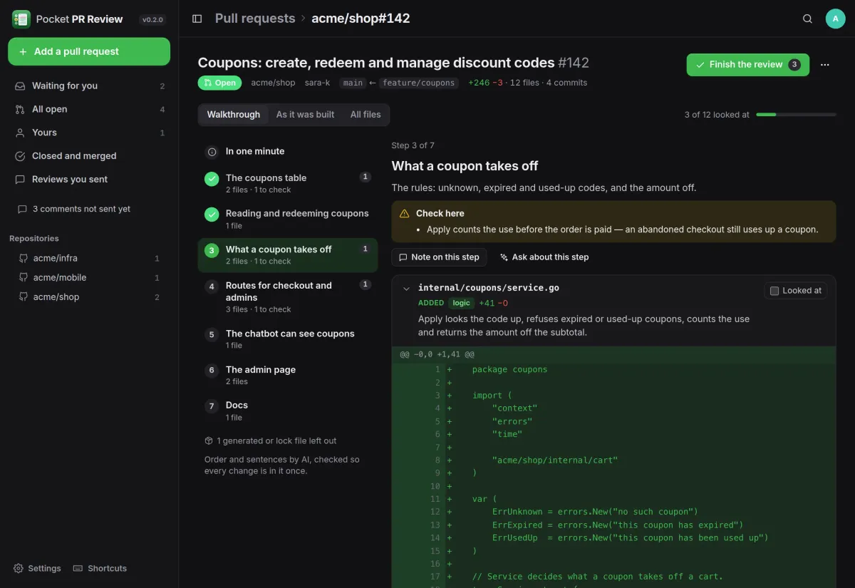 Step 3 of a walkthrough: a warning about when a coupon is counted, then the new service file with its diff