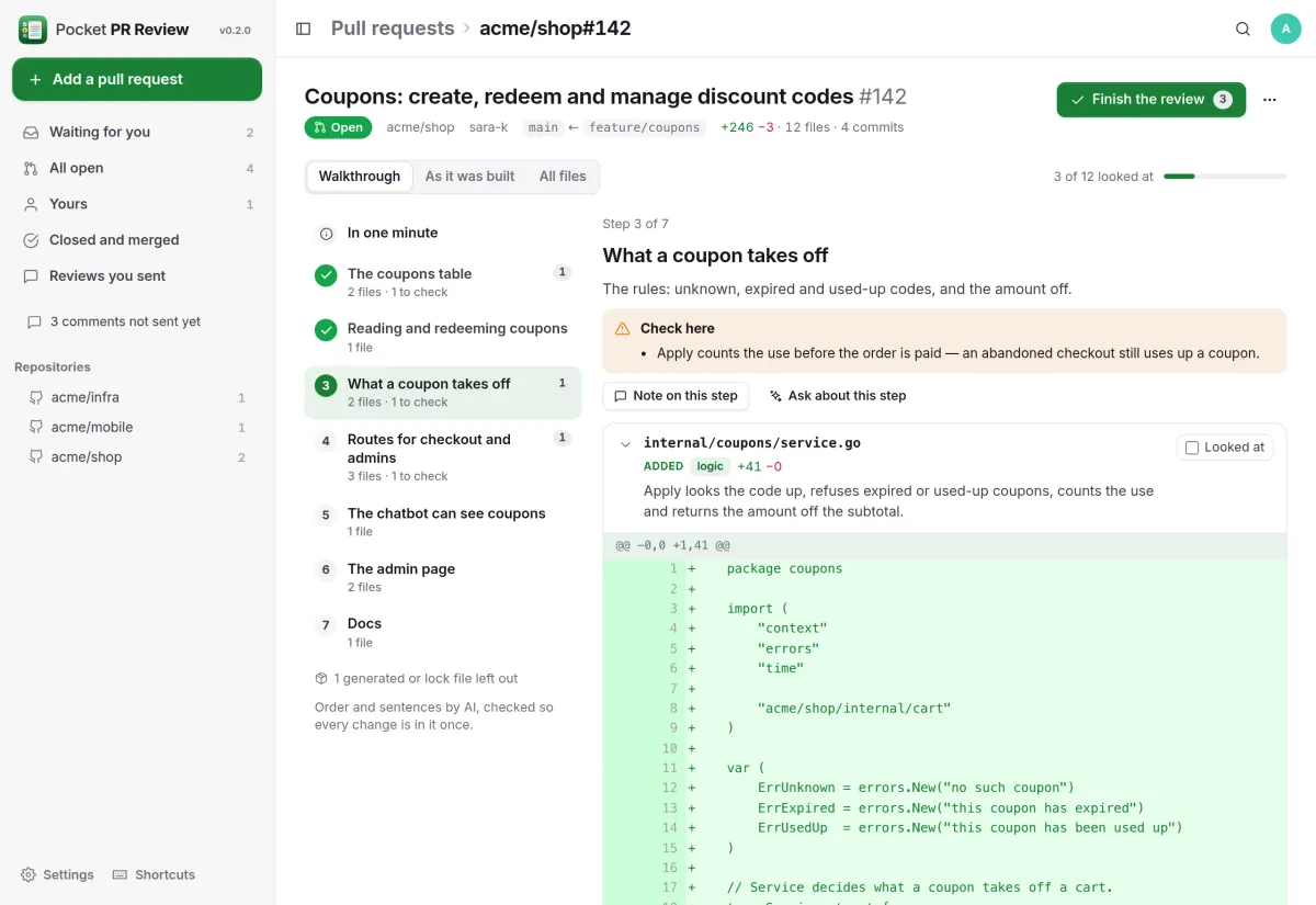 Step 3 of a walkthrough: a warning about when a coupon is counted, then the new service file with its diff