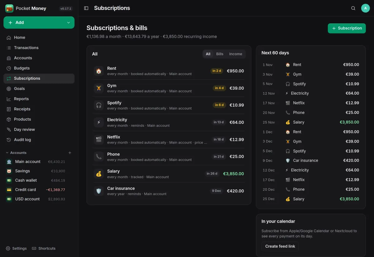 Subscriptions and bills: rent, gym, streaming, electricity and salary with due badges and the next 60 days