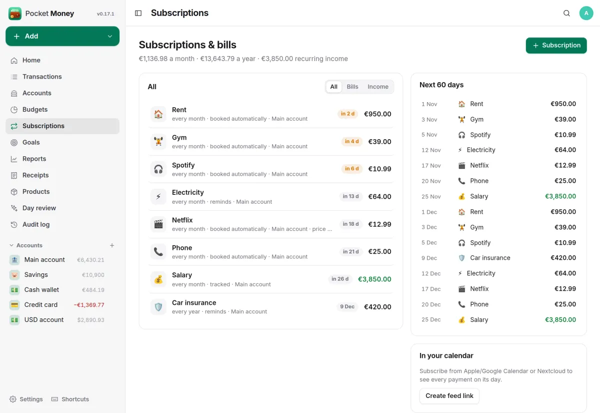 Subscriptions and bills: rent, gym, streaming, electricity and salary with due badges and the next 60 days