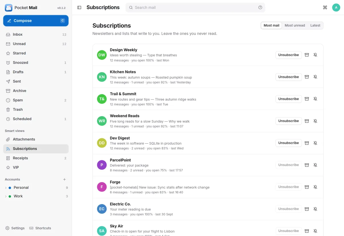 The Subscriptions page listing newsletters with message counts, open rates and Unsubscribe buttons