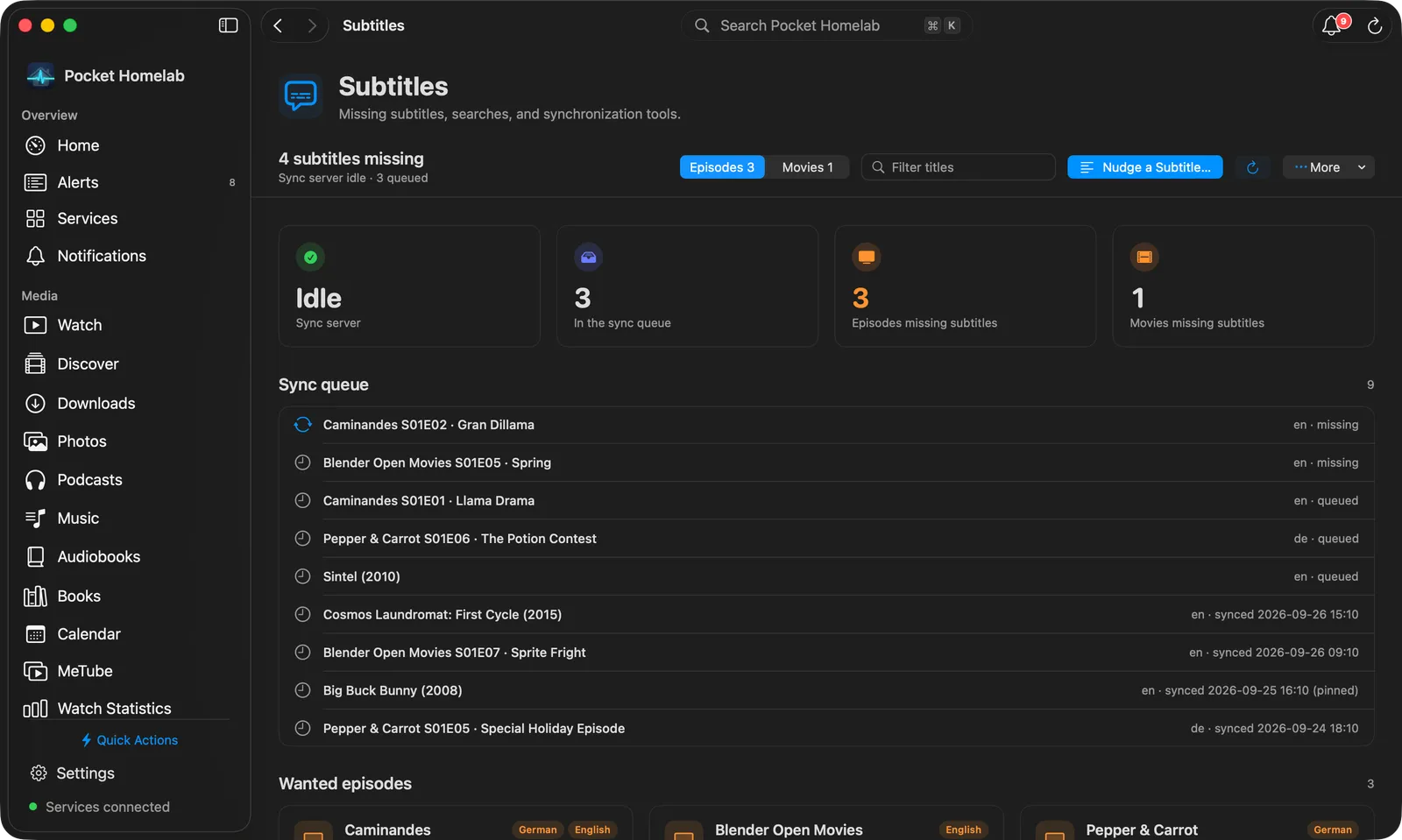 Mac Subtitles page with tiles, the sync queue and wanted episodes by show