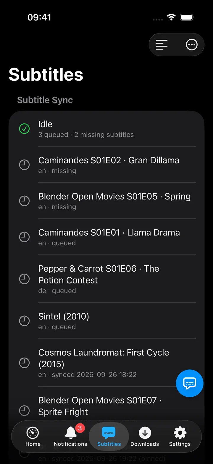Subtitles screen with the sync status, the Pocket Subtitles pages and the wanted lists