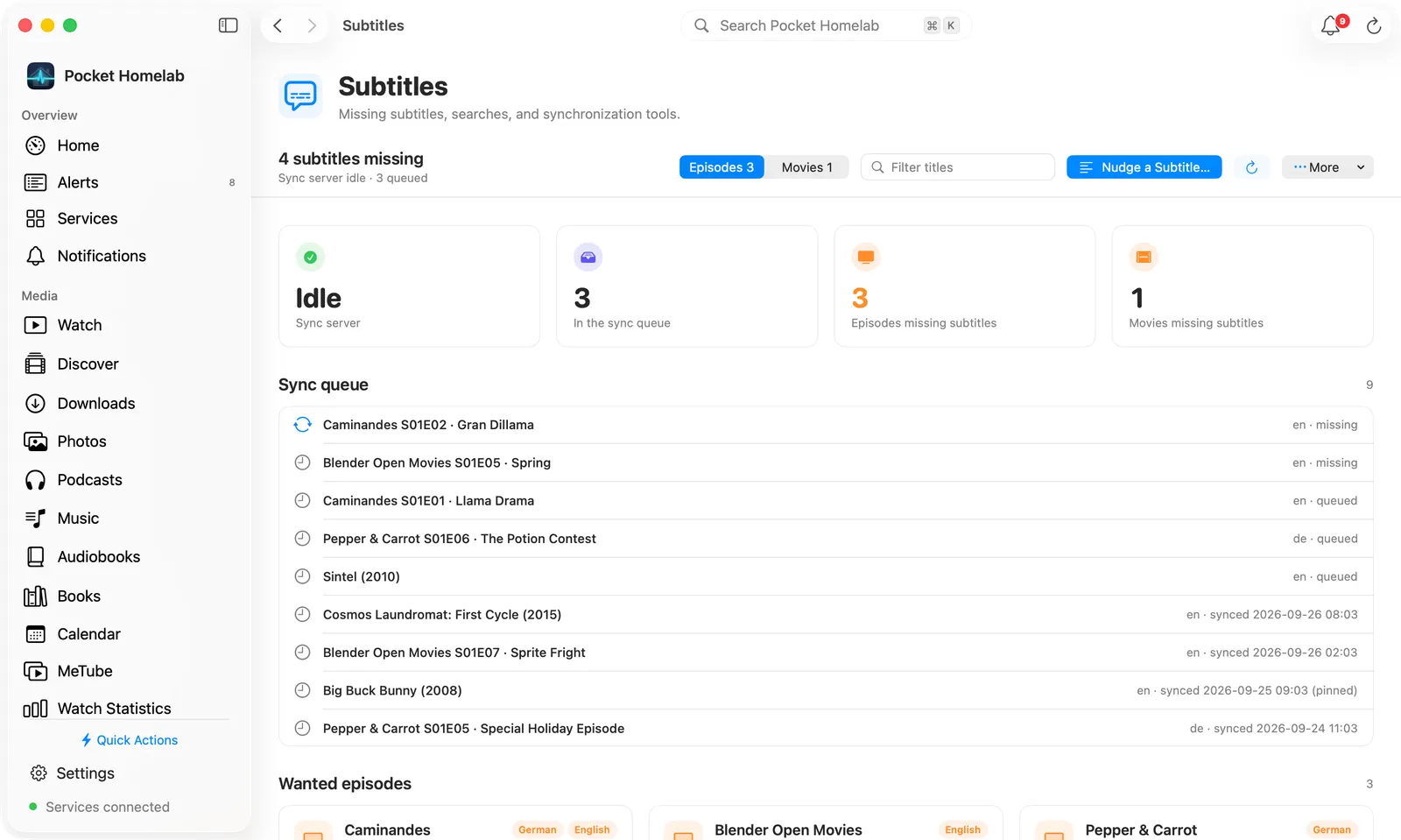Mac Subtitles page with tiles, the sync queue and wanted episodes by show