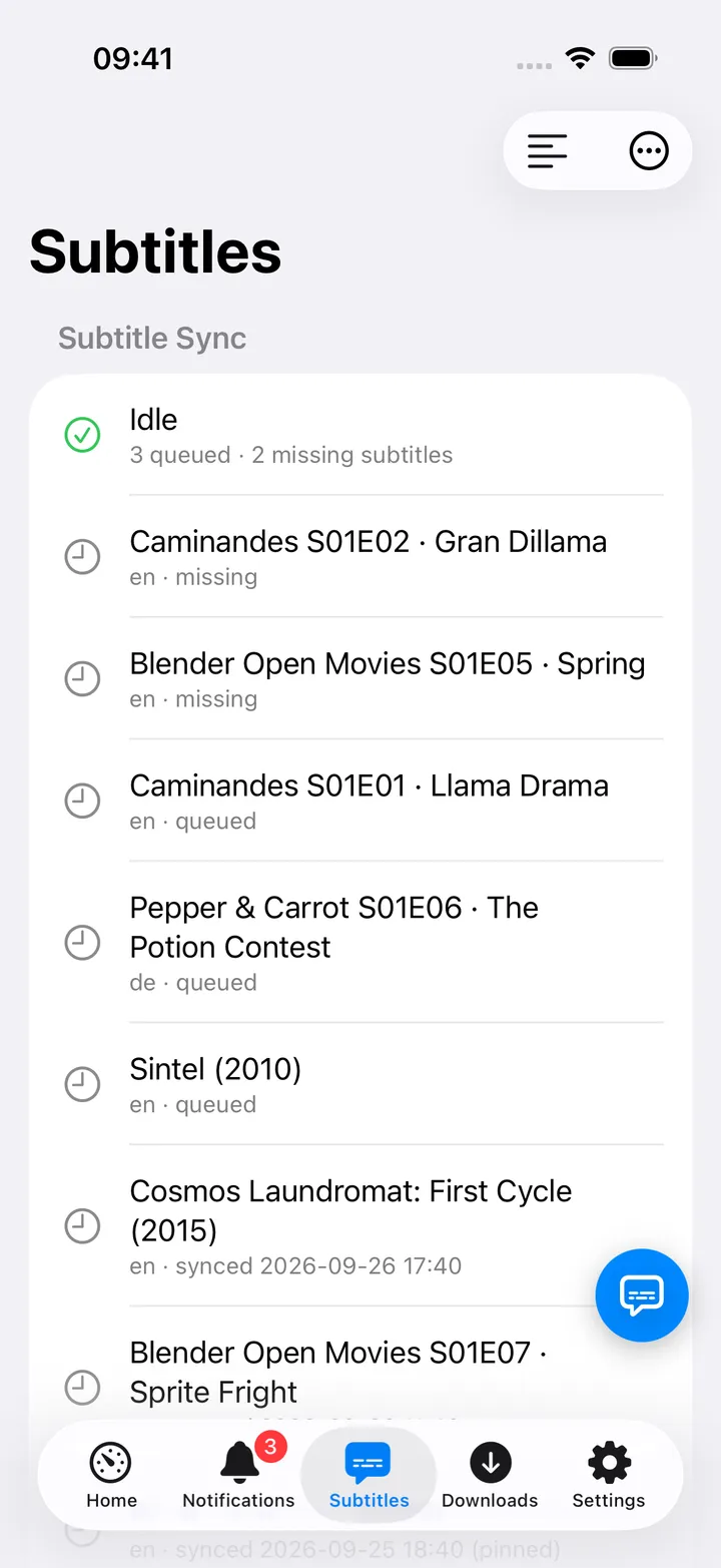 Subtitles screen with the sync status, the Pocket Subtitles pages and the wanted lists