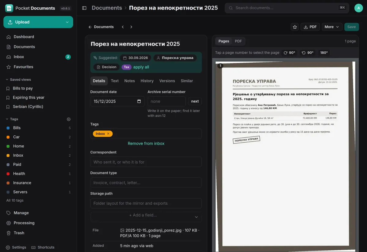 A photographed Cyrillic tax decision next to its suggested date, correspondent, document type and tag, with an apply all link