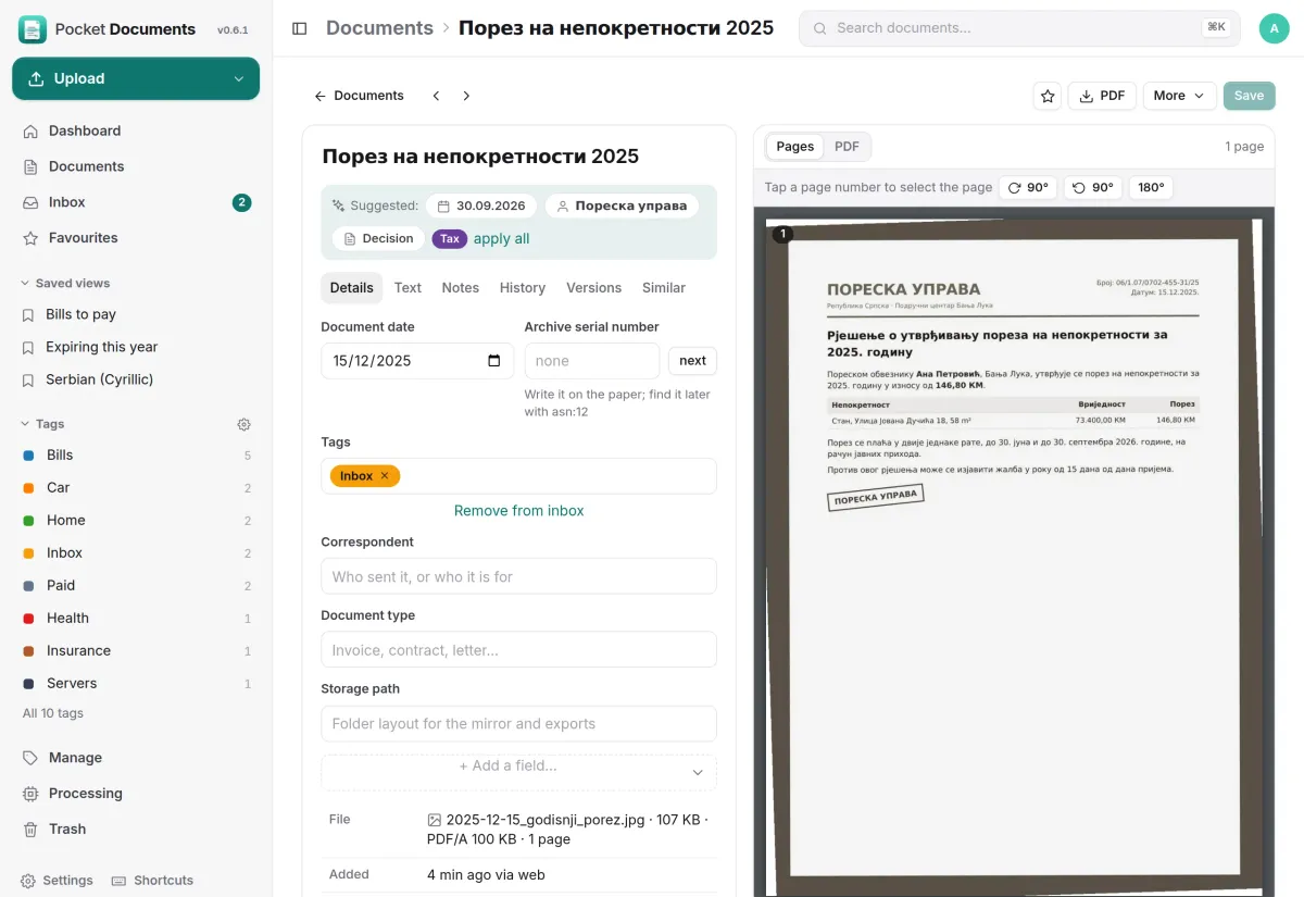 A photographed Cyrillic tax decision next to its suggested date, correspondent, document type and tag, with an apply all link
