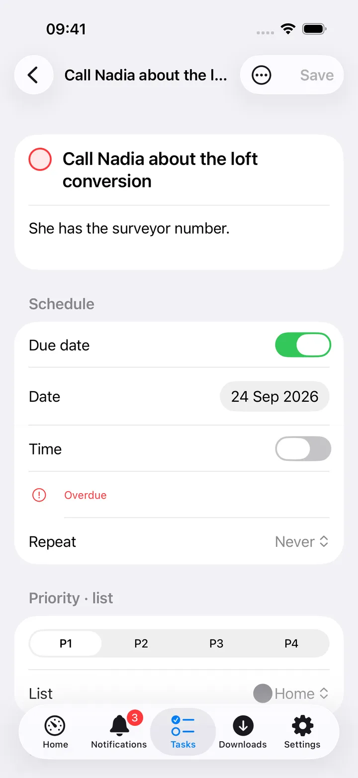 Task detail with schedule, priority, labels and subtasks