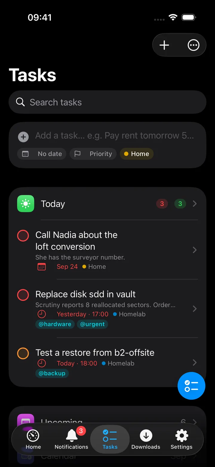 Tasks hub with Today section, Views and coloured Lists