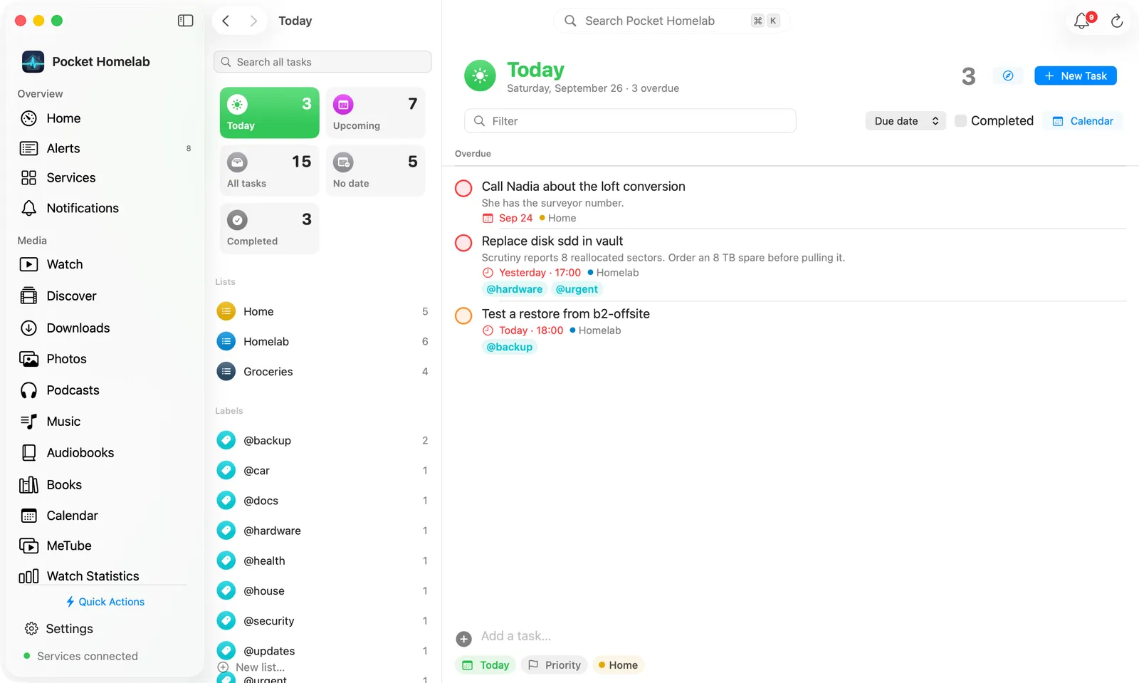 Tasks workspace with the list sidebar beside the task view