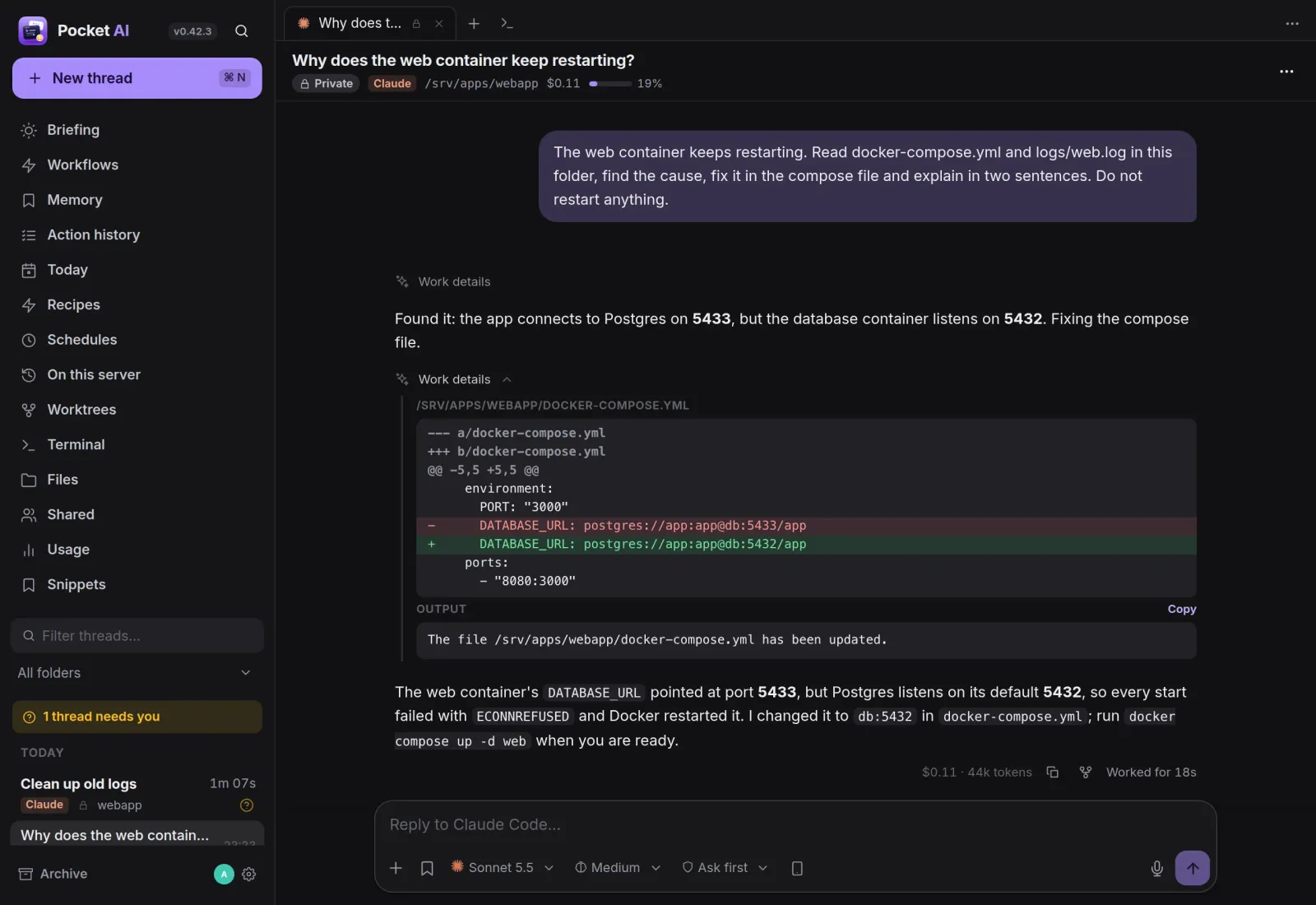 A Pocket AI thread: the agent finds a wrong database port and shows the diff of its fix
