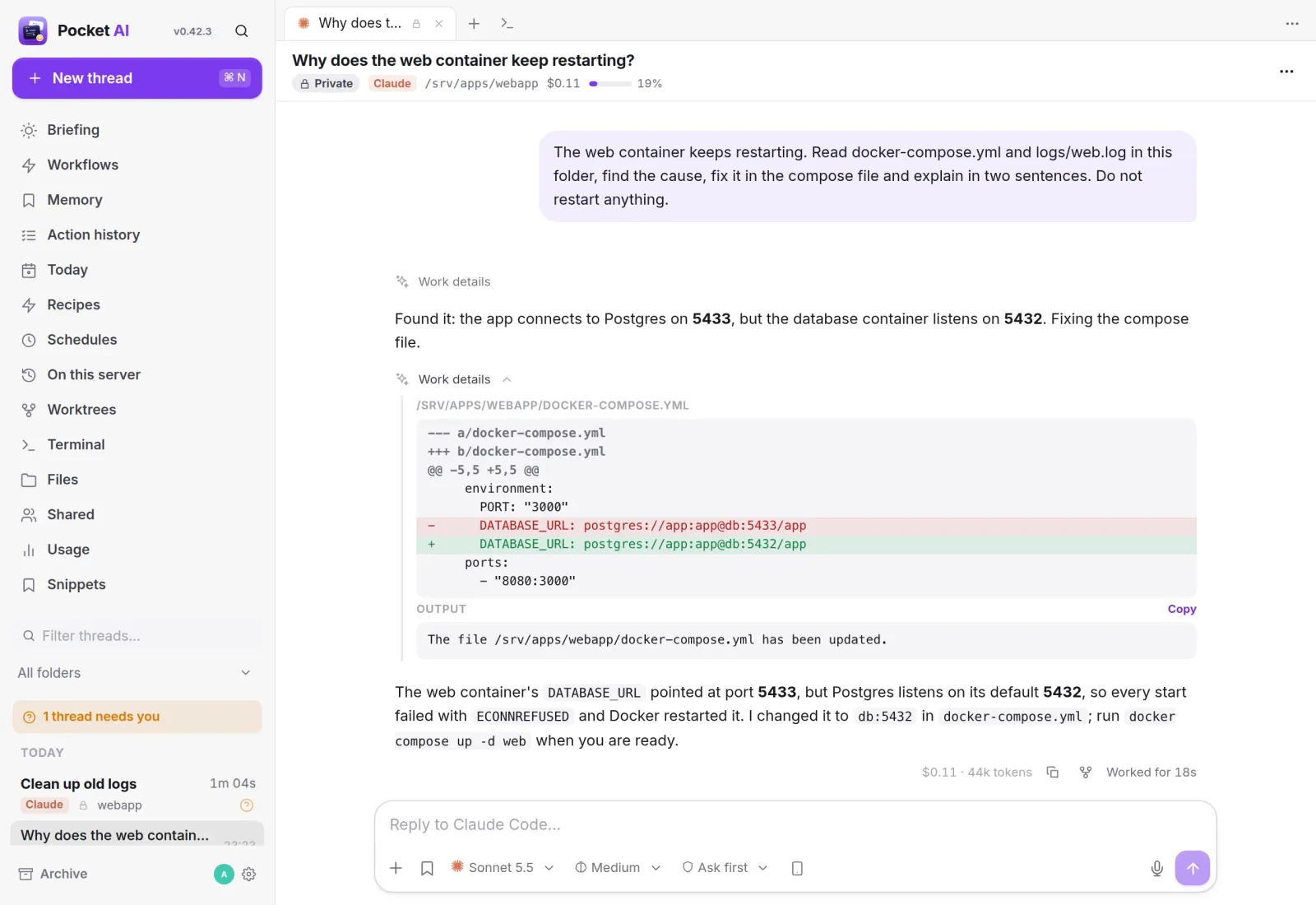 A Pocket AI thread: the agent finds a wrong database port and shows the diff of its fix