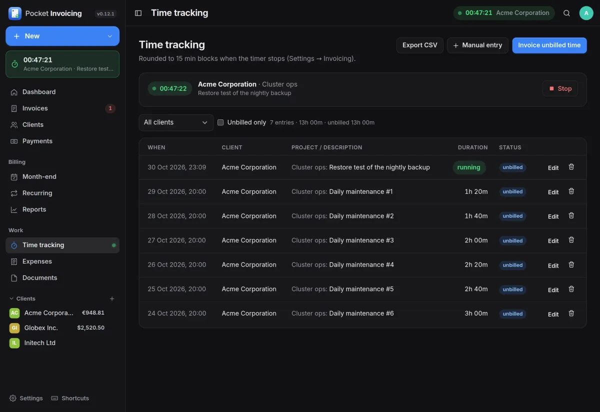 Time tracking with a timer running for Acme Corporation above a list of unbilled maintenance entries
