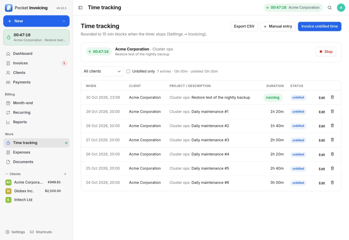Time tracking with a timer running for Acme Corporation above a list of unbilled maintenance entries