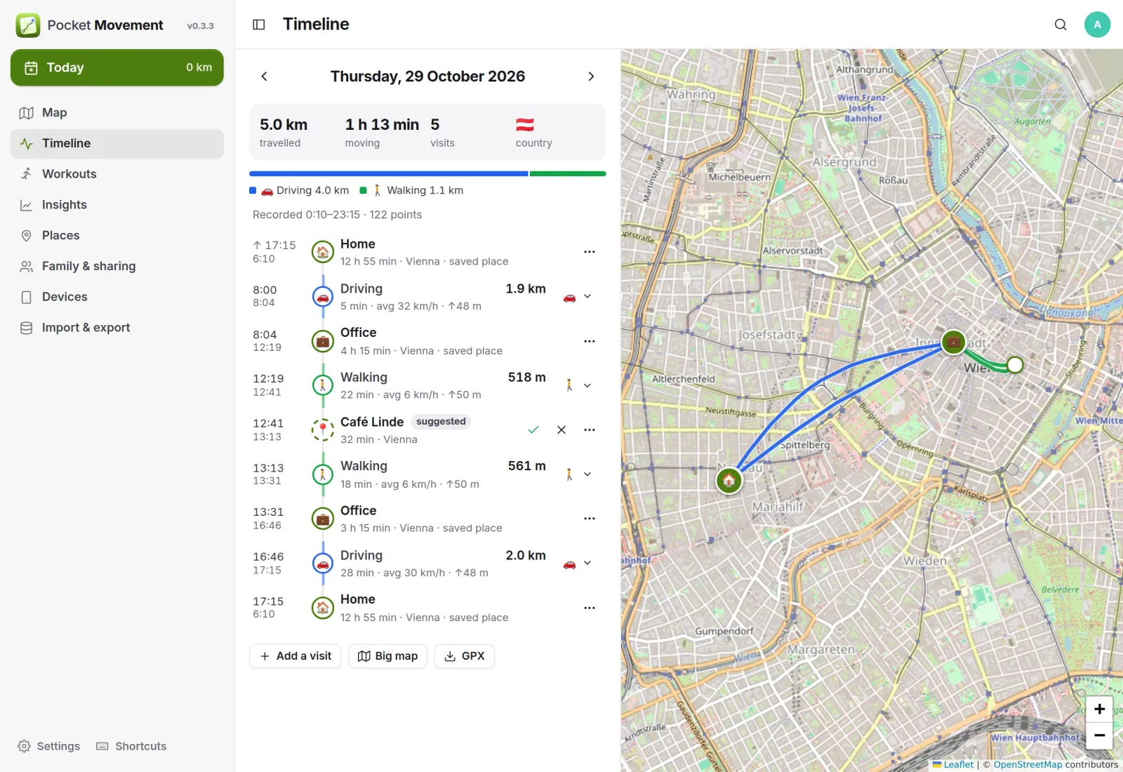 A Thursday on the timeline: home, driving to the office, a walk to a café suggested as a new place, and back, beside the map