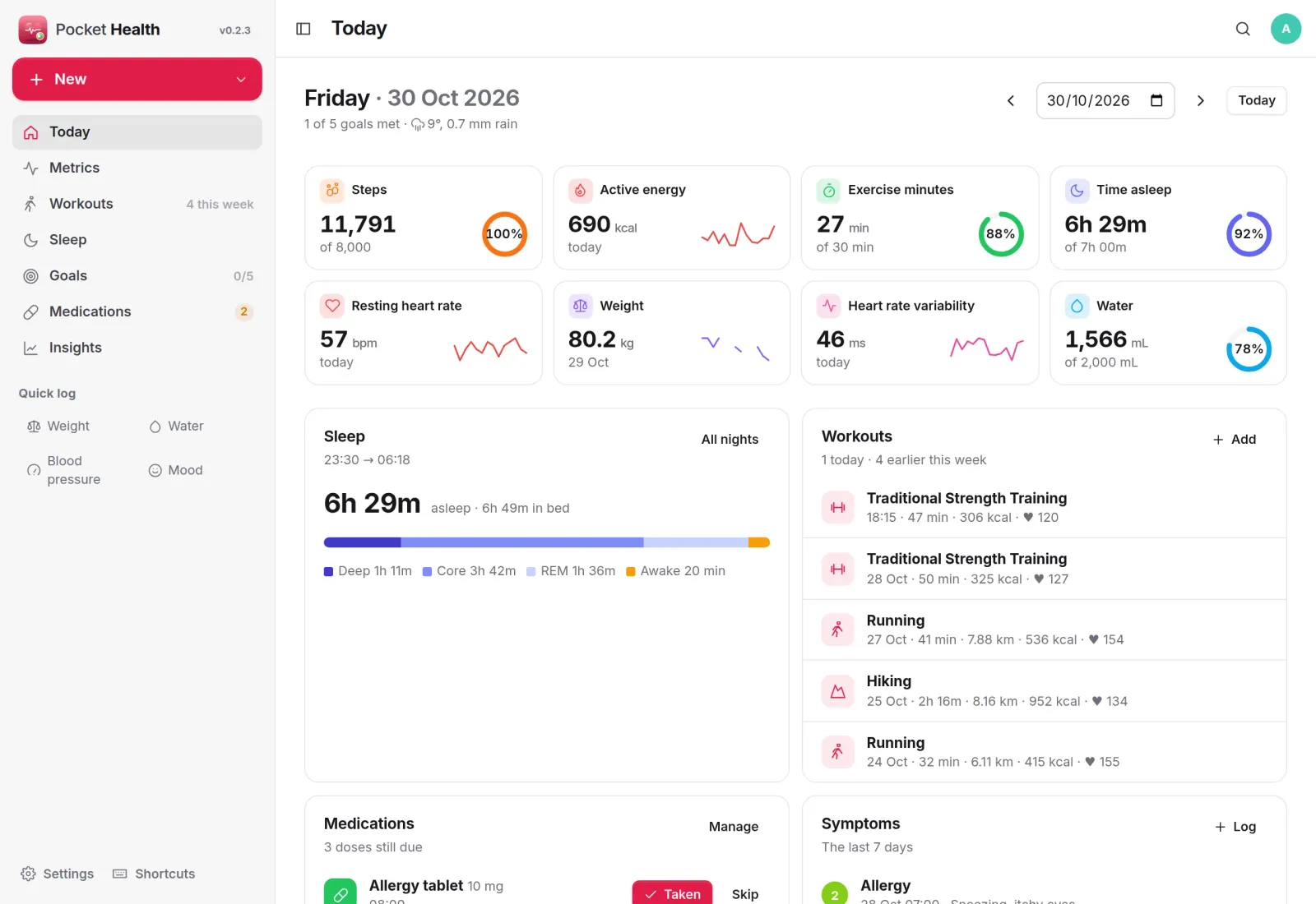 A day in Pocket Health: 11,791 steps, exercise and sleep rings, resting heart rate, weight, water, last night's sleep and workouts