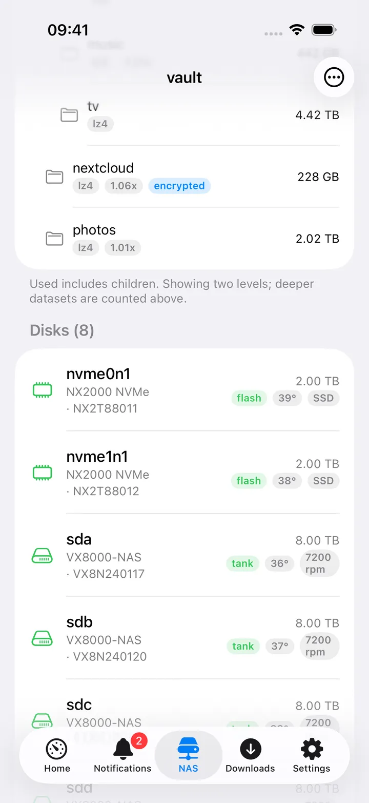Datasets with compression and encryption tags, then Disks with pool, temperature and type.