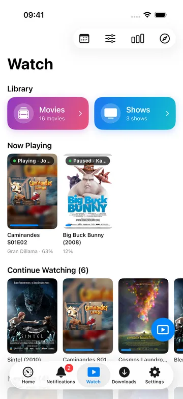 Watch screen with continue watching shelves