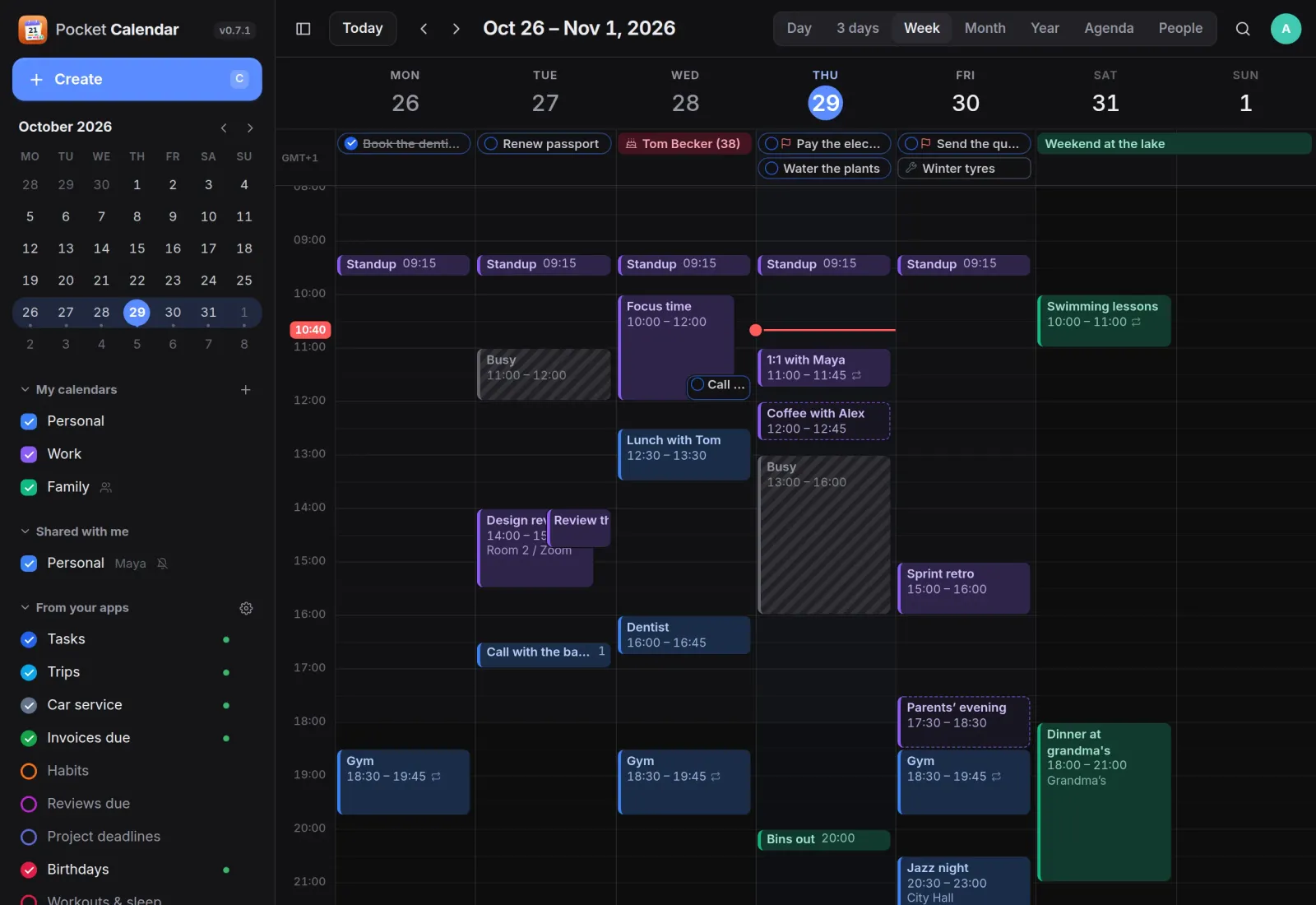 A week in Pocket Calendar with standups, a design review, lunch, a dentist visit, swimming lessons and tasks along the top