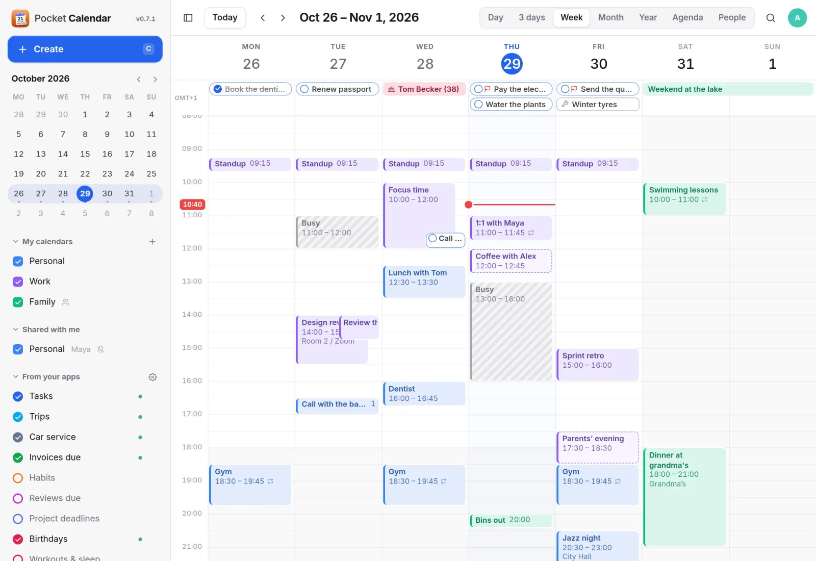 A week in Pocket Calendar with standups, a design review, lunch, a dentist visit, swimming lessons and tasks along the top