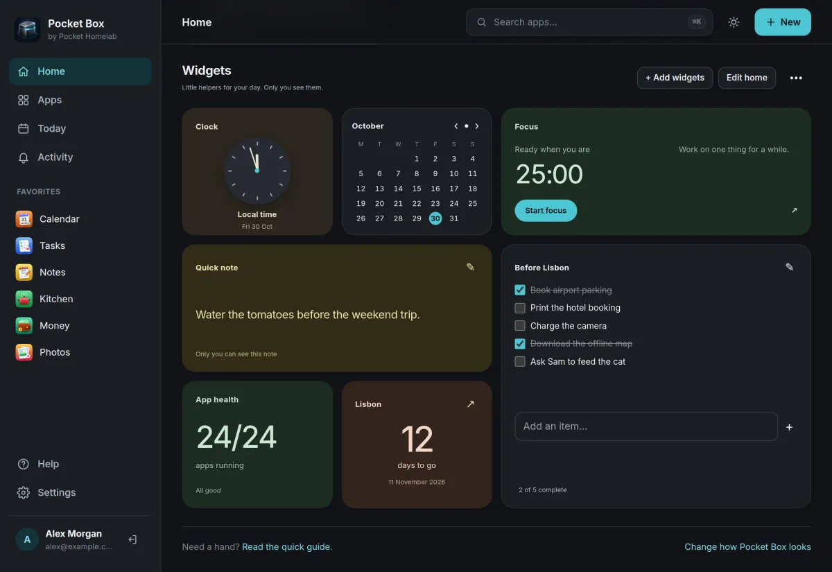 Home widgets: an analogue clock, a month calendar, a focus timer, a quick note, a trip checklist, app health and a 12-day countdown