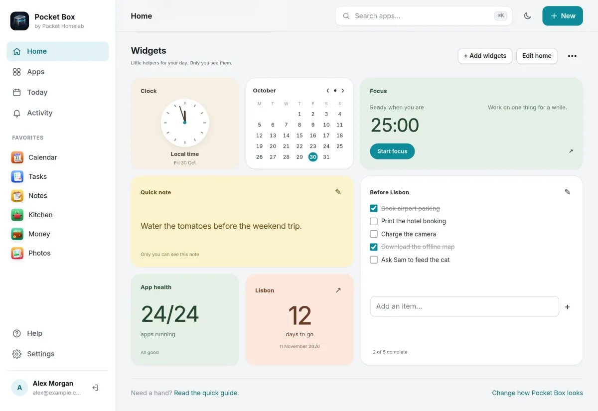 Home widgets: an analogue clock, a month calendar, a focus timer, a quick note, a trip checklist, app health and a 12-day countdown