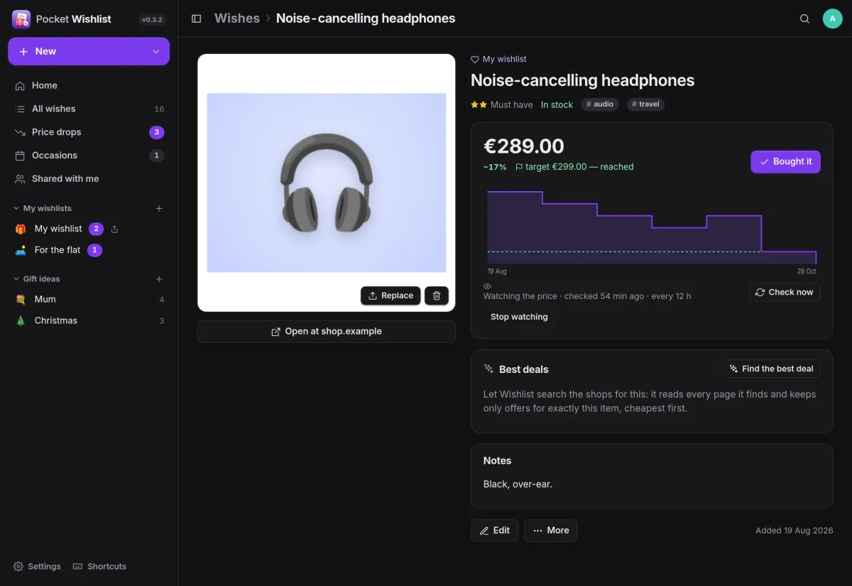 A wish for headphones: the price chart falling from 349 to 289 euros over ten weeks, below the target of 299