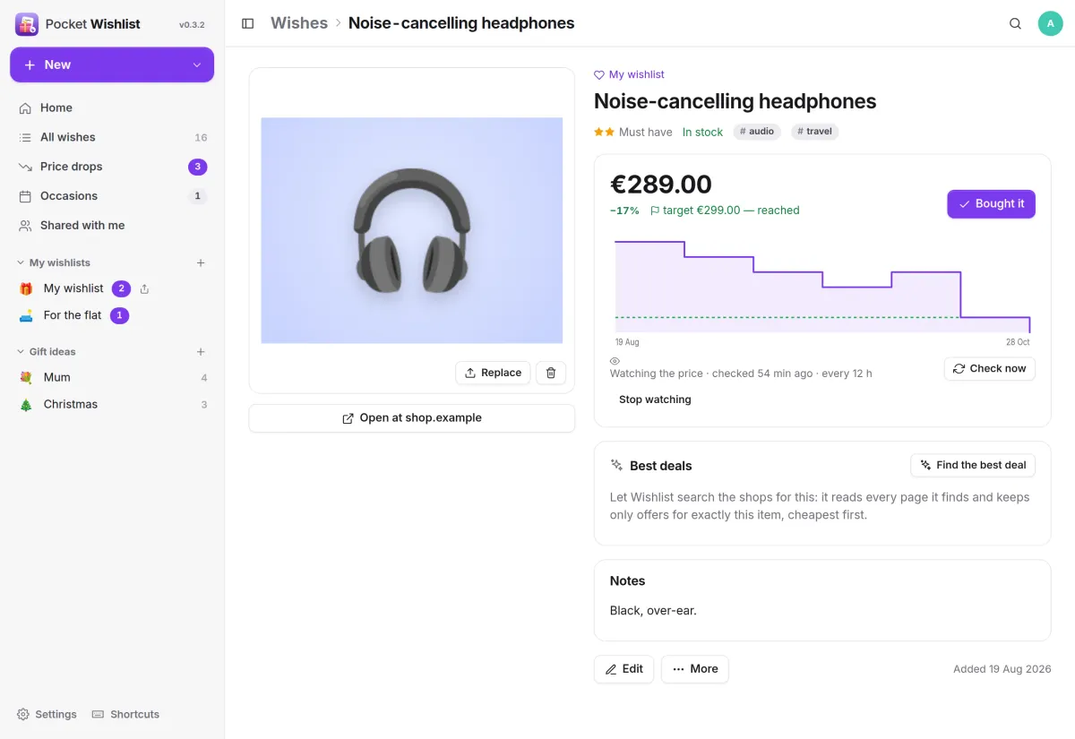 A wish for headphones: the price chart falling from 349 to 289 euros over ten weeks, below the target of 299
